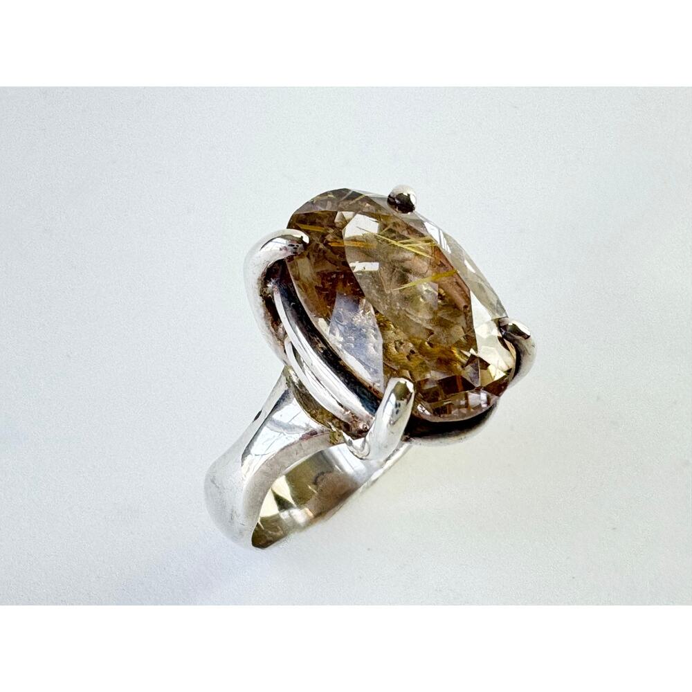 Rutilated Tourmalinated Smokey Quartz Sterling 925 Silver Ring US Size 9